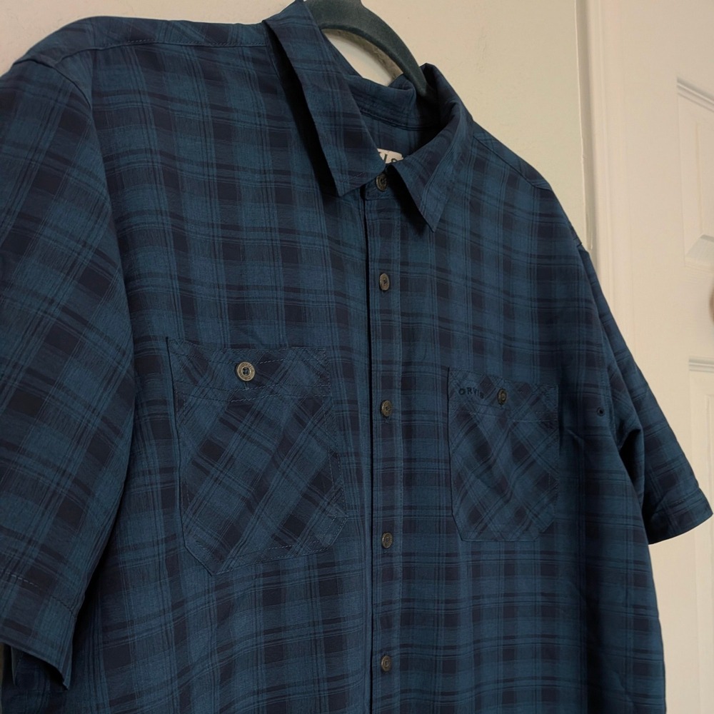 Orvis Men's Blue Plaid Short Sleeve Button Down Shirt Classic Collection Large